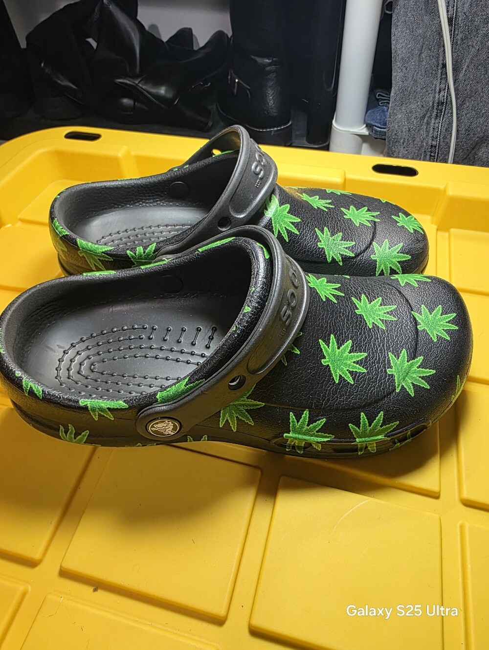 CROCS Black Clogs with Bright Green Leaf Print